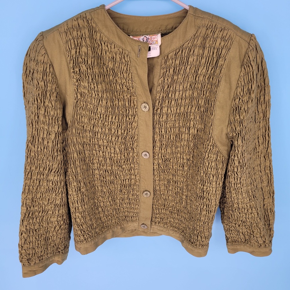 Gene Ewing Bis crushed textured Cardigan Jacket Size P Ivy Green Smocked Vintage